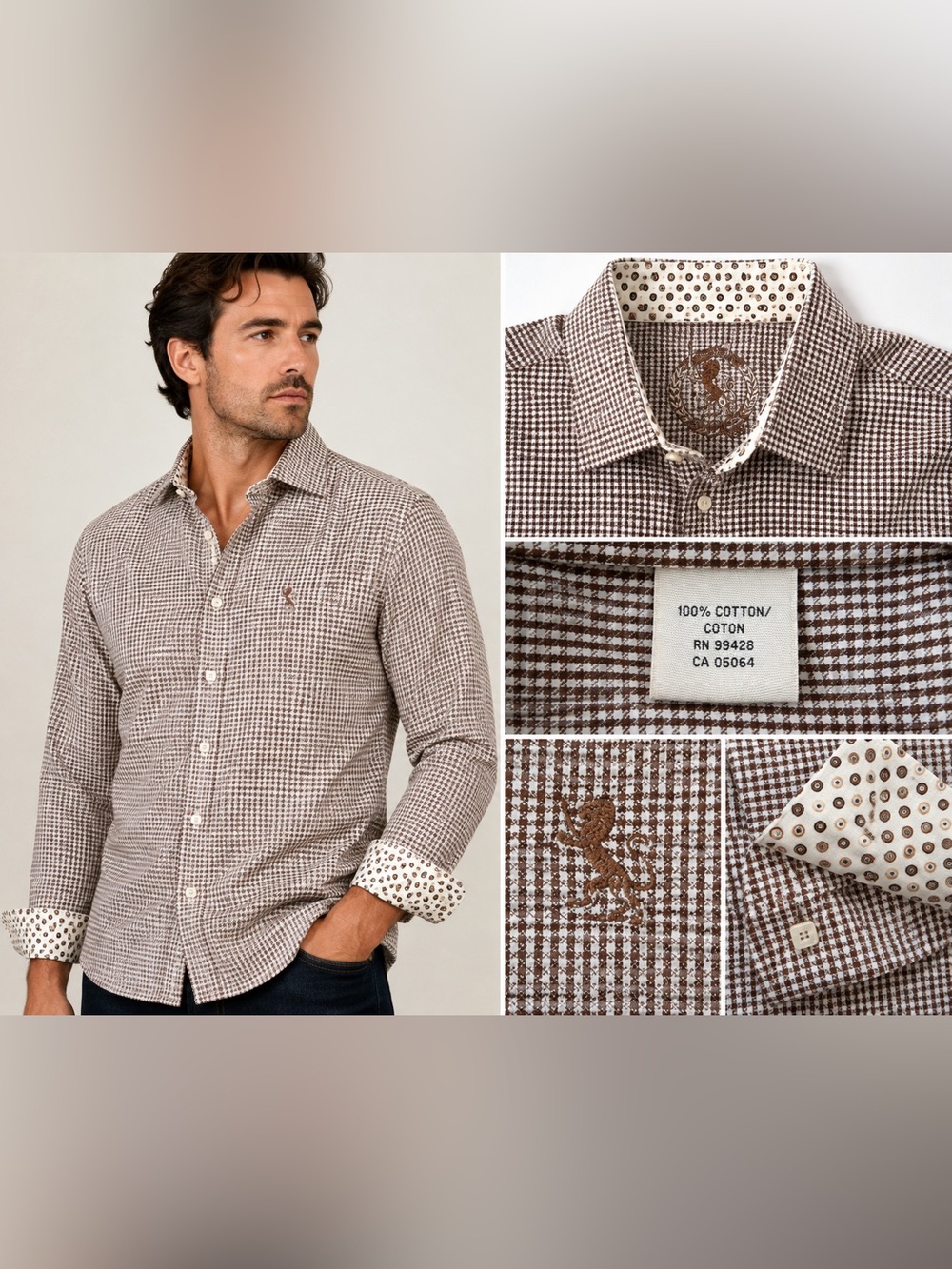Bugatchi Men's Brown and White Micro-Check Button-Down Shirt